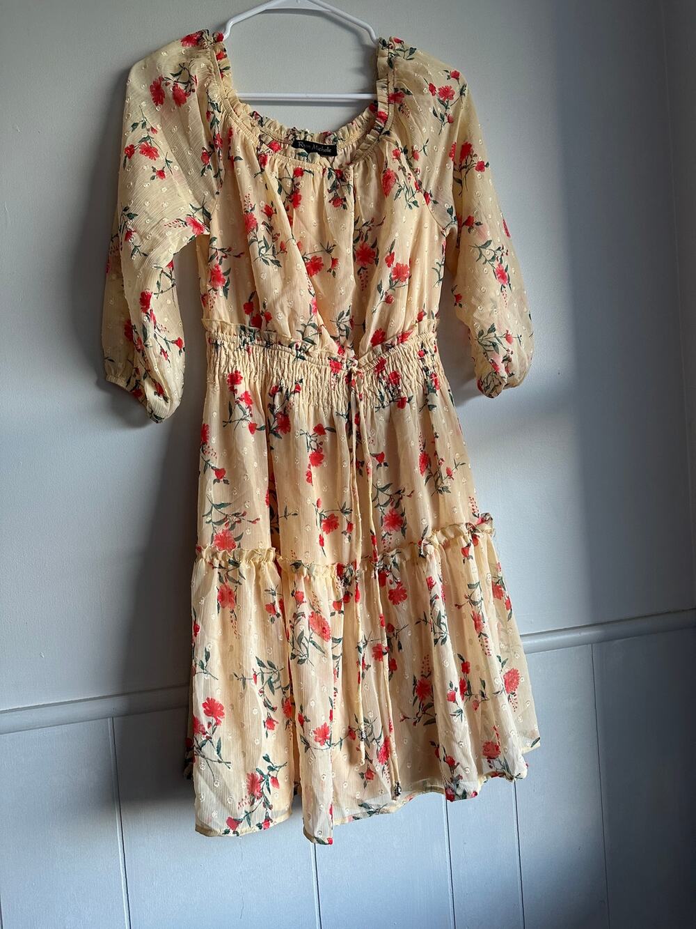 Ryan Michelle Floral Chiffon Dress Small Gold Shimmer Smocked Ruffle Peasant